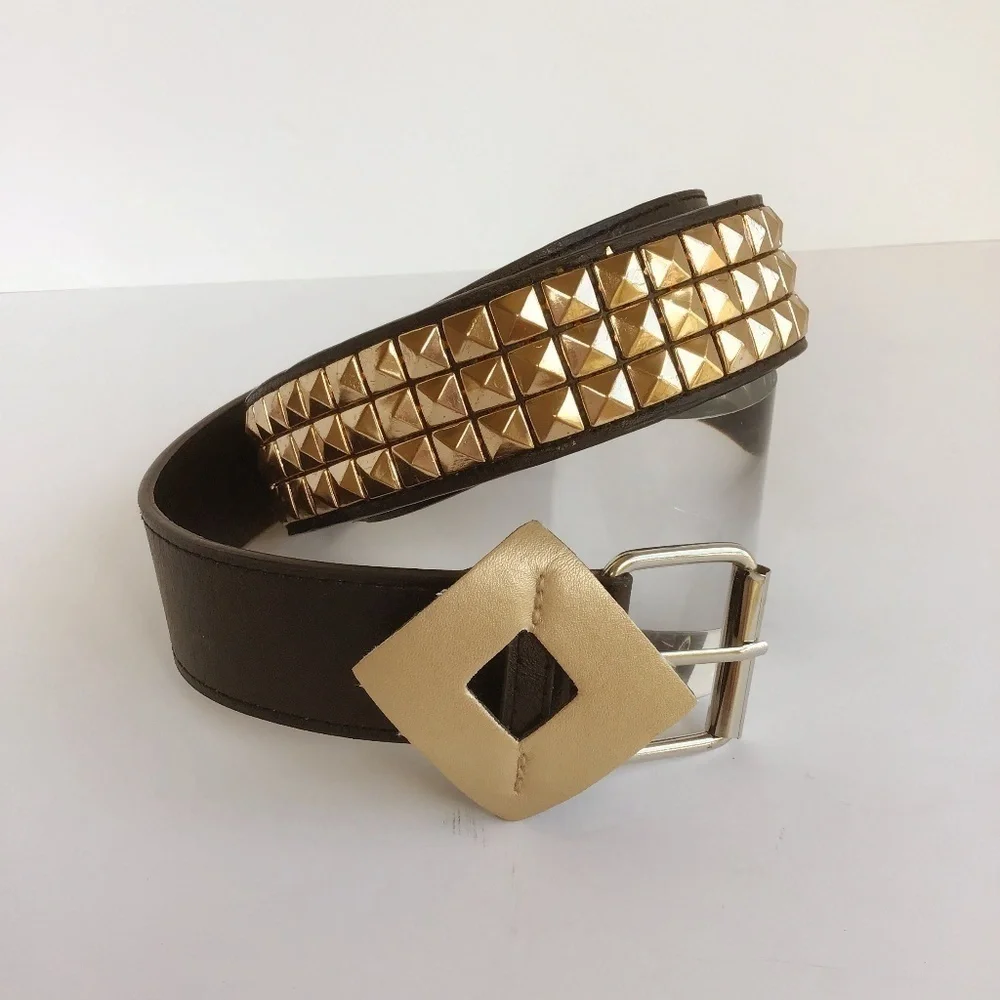 BLACK LEATHER WOMENS BELT WITH STUDDED GOLD